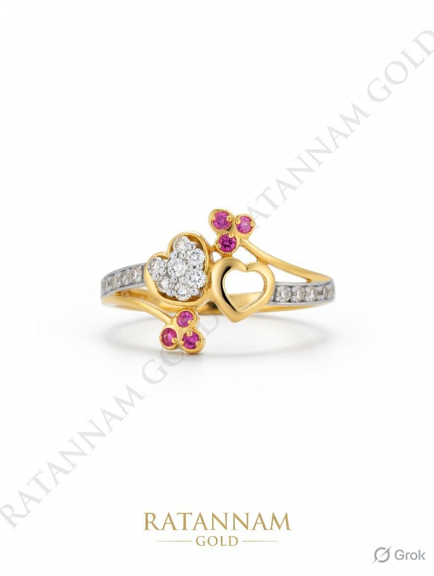 Radiance Heart & Blossom Ring – 18K Yellow Gold with Diamond & Ruby Accents